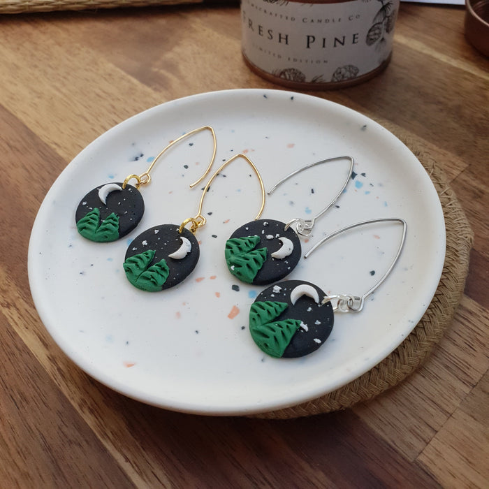 Pine tree landscape dangle earrings / starry sky night