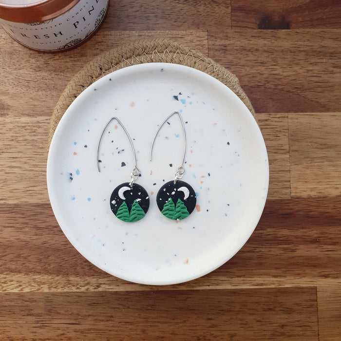 Pine tree landscape dangle earrings / starry sky night