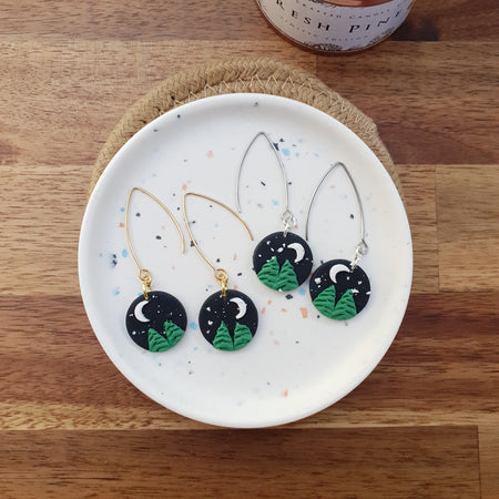 Pine tree landscape dangle earrings / starry sky night