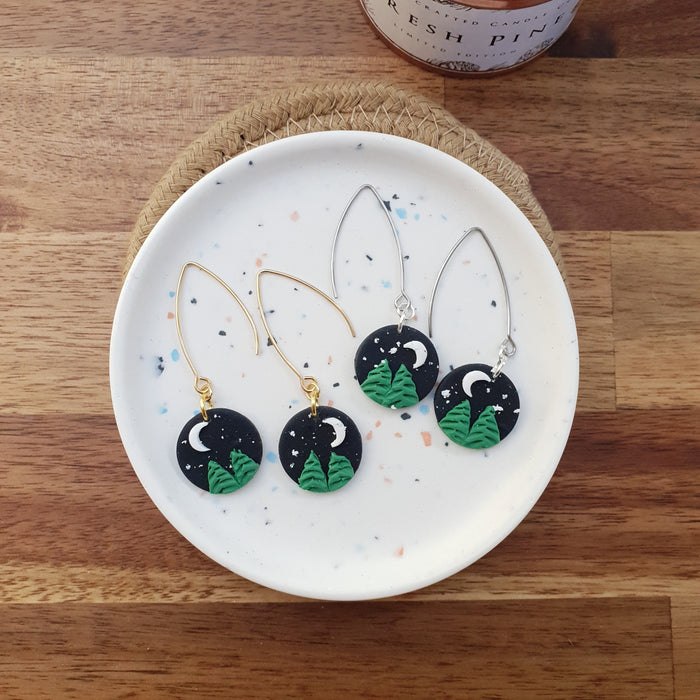 Pine tree landscape dangle earrings / starry sky night