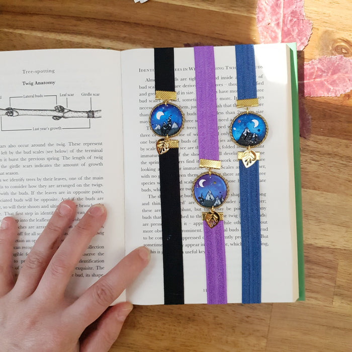 Mountains elastic ribbon bookmarks / handmade from polymer clay leaves motifs forest night landscape moon bookmark