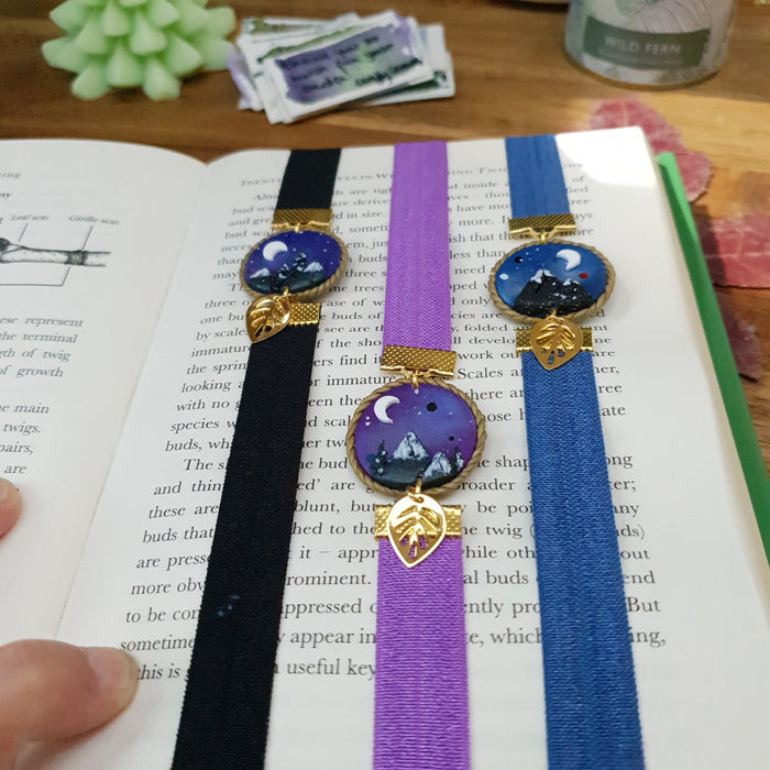 Mountains elastic ribbon bookmarks / handmade from polymer clay leaves motifs forest night landscape moon bookmark