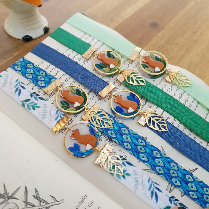 Fox with leaves elastic ribbon bookmarks / handmade from polymer clay motifs forest
