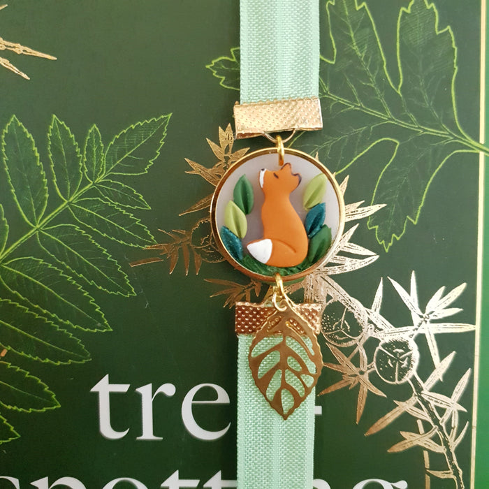Fox with leaves elastic ribbon bookmarks / handmade from polymer clay motifs forest