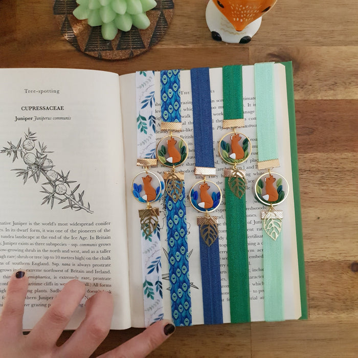 Fox with leaves elastic ribbon bookmarks / handmade from polymer clay motifs forest