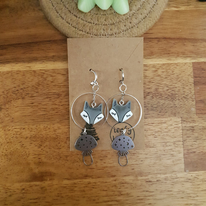 Fox heads earrings with mushrooms / nature woodlands moon sun