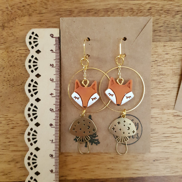 Fox heads earrings with mushrooms / nature woodlands moon sun