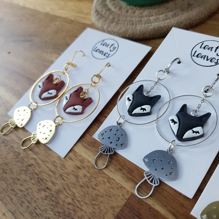 Fox heads earrings with mushrooms / nature woodlands moon sun