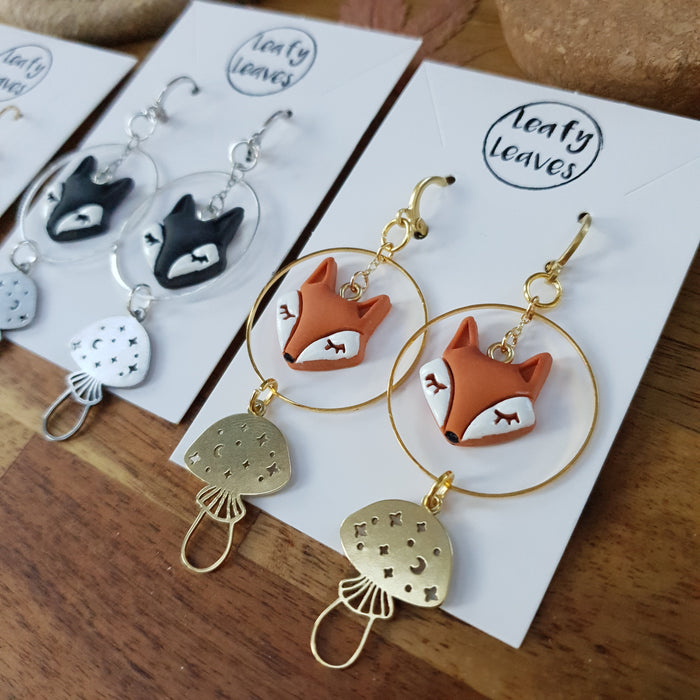 Fox heads earrings with mushrooms / nature woodlands moon sun