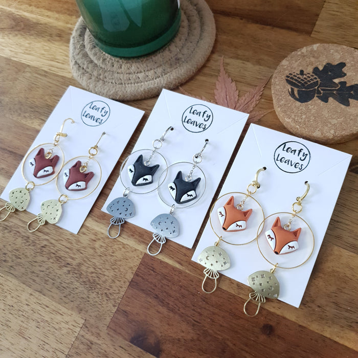 Fox heads earrings with mushrooms / nature woodlands moon sun