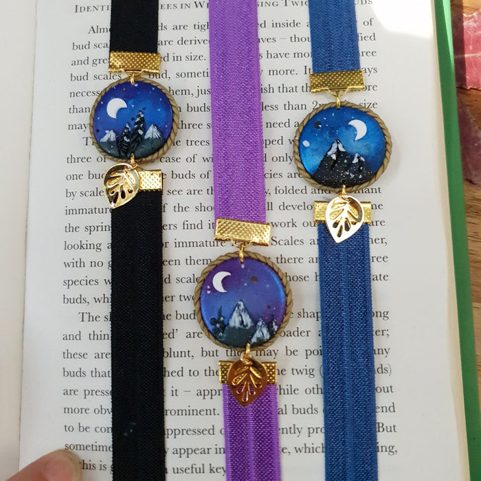 Mountains elastic ribbon bookmarks / handmade from polymer clay leaves motifs forest night landscape moon bookmark