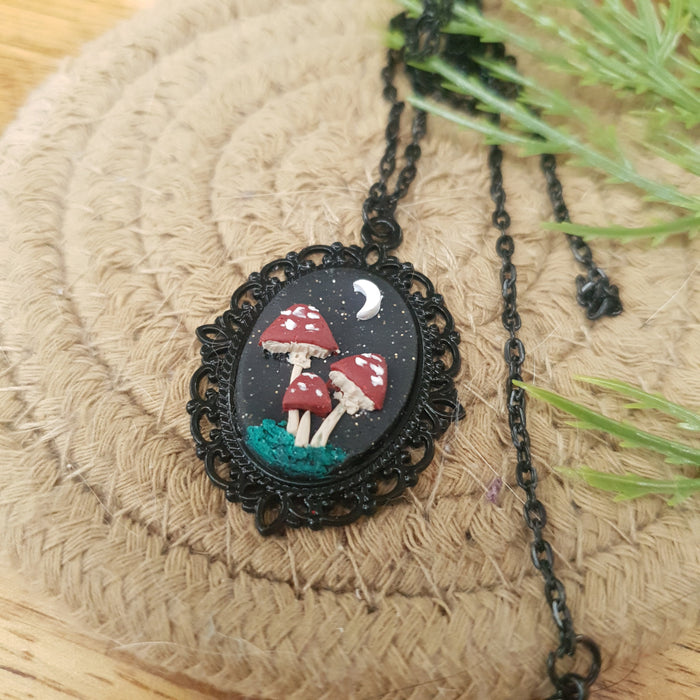 Mushrooms black necklace cabochon / handmade from polymer clay / nature jewelry pendant
