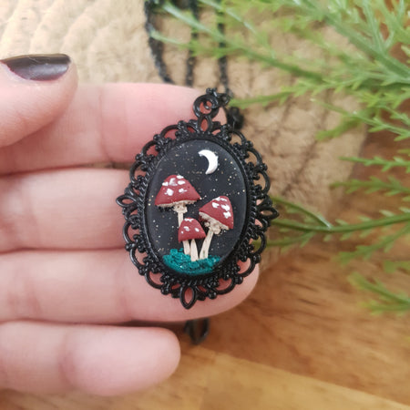 Mushrooms black necklace cabochon / handmade from polymer clay / nature jewelry pendant