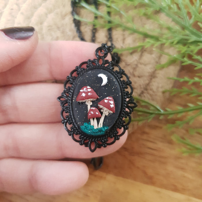 Mushrooms black necklace cabochon / handmade from polymer clay / nature jewelry pendant