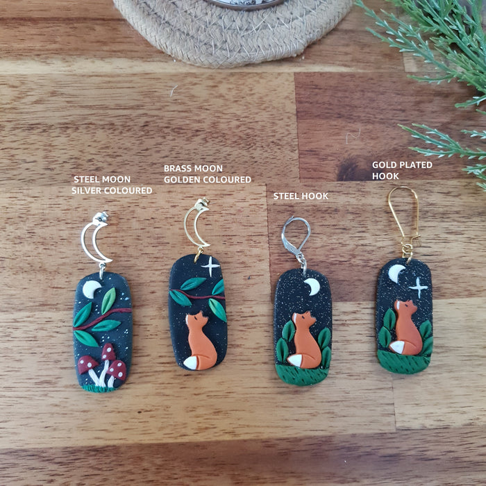 Purple mushrooms midnight sky asymmetrical earrings with foxes / nature woodlands and forest