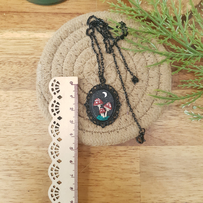Mushrooms black necklace cabochon / handmade from polymer clay / nature jewelry pendant