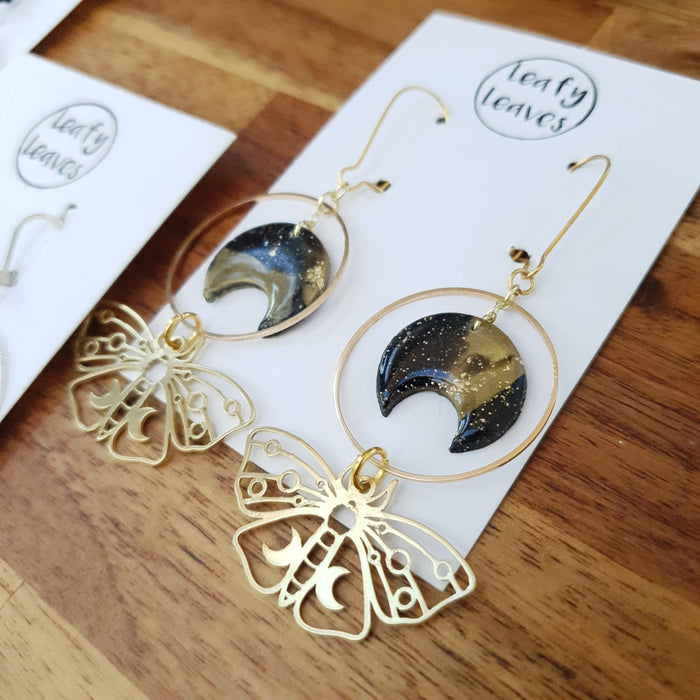 Moons and moths earrings / nature woodlands forestcore