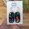 Purple mushrooms midnight sky asymmetrical earrings with foxes / nature woodlands and forest