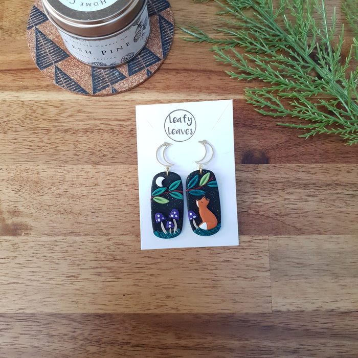 Purple mushrooms midnight sky asymmetrical earrings with foxes / nature woodlands and forest