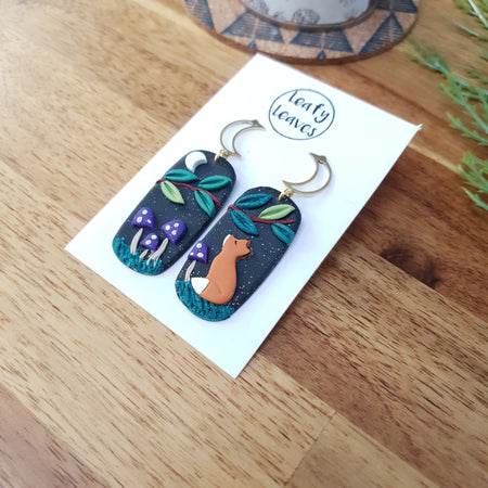 Purple mushrooms midnight sky asymmetrical earrings with foxes / nature woodlands and forest