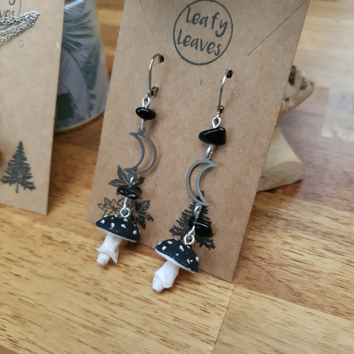 Mushroom earrings and necklace with obsidian stones / nature woodlands forestcore