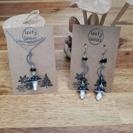 Mushroom earrings and necklace with obsidian stones / nature woodlands forestcore