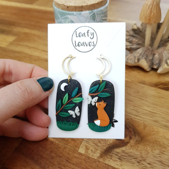 Midnight spring sky asymmetrical earrings with fox and butterflies / nature woodlands and forest