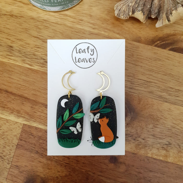 Midnight spring sky asymmetrical earrings with fox and butterflies / nature woodlands and forest