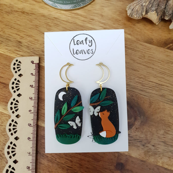 Midnight spring sky asymmetrical earrings with fox and butterflies / nature woodlands and forest