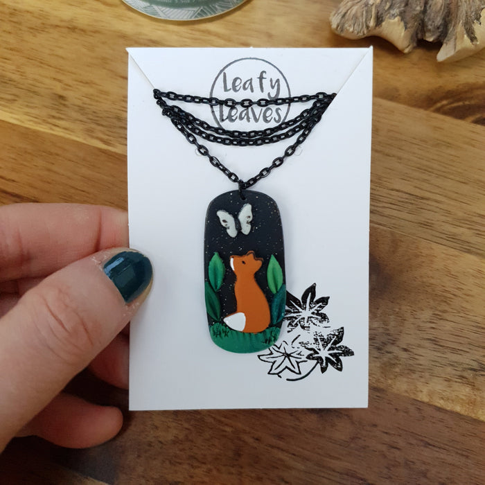 Midnight sky spring necklace with fox and butterfly / nature woodlands and forest