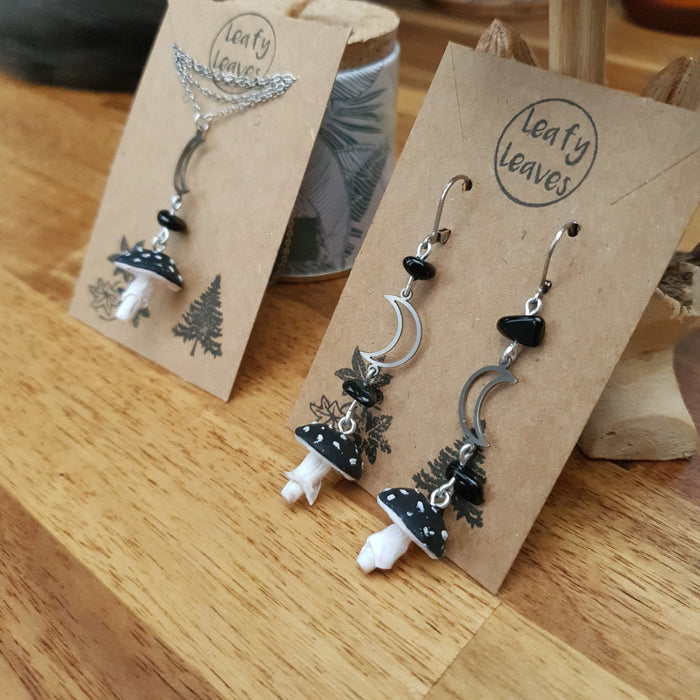 Mushroom earrings and necklace with obsidian stones / nature woodlands forestcore