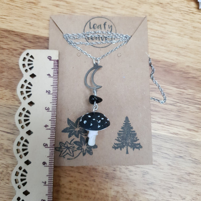 Mushroom earrings and necklace with obsidian stones / nature woodlands forestcore