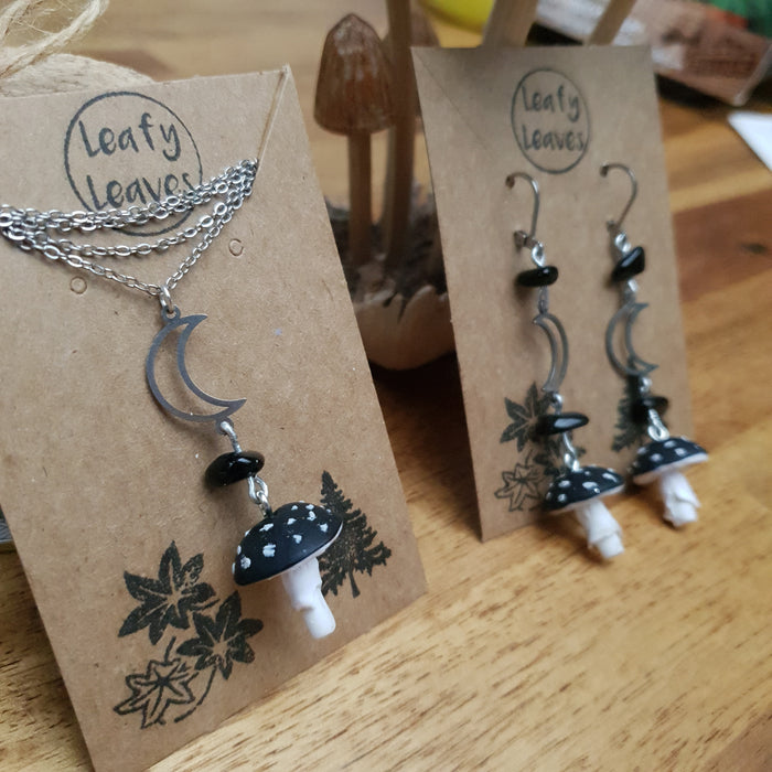 Mushroom earrings and necklace with obsidian stones / nature woodlands forestcore