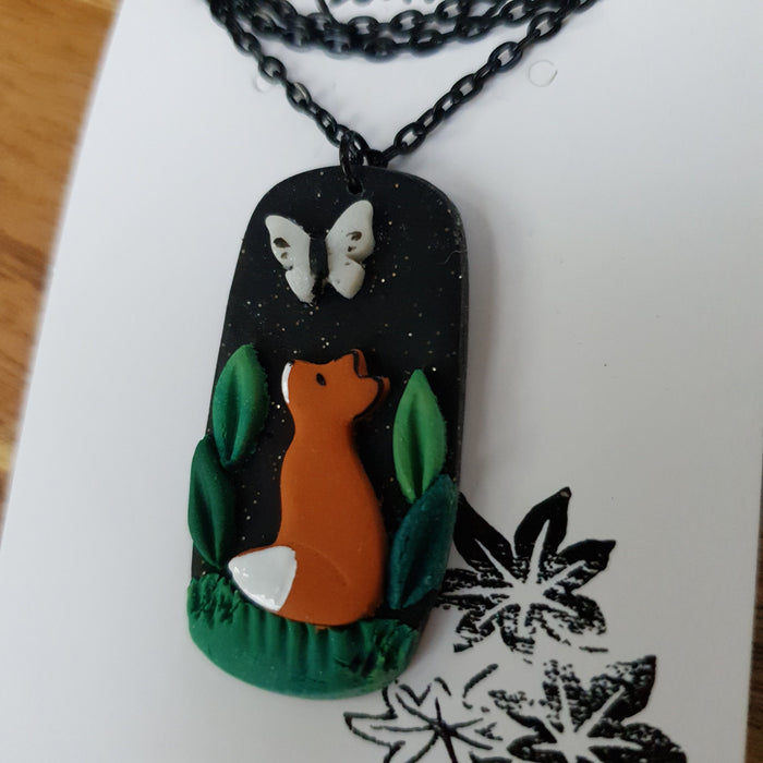 Midnight sky spring necklace with fox and butterfly / nature woodlands and forest