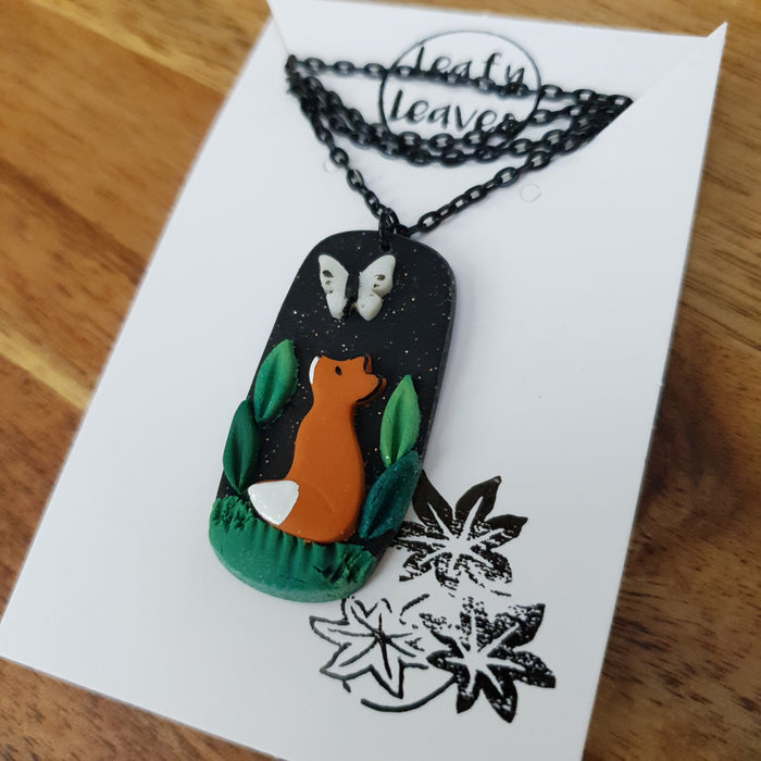 Midnight sky spring necklace with fox and butterfly / nature woodlands and forest