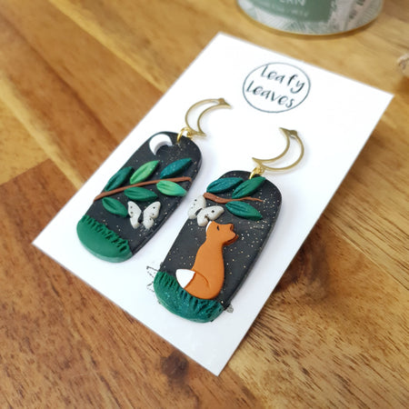 Midnight spring sky asymmetrical earrings with fox and butterflies / nature woodlands and forest