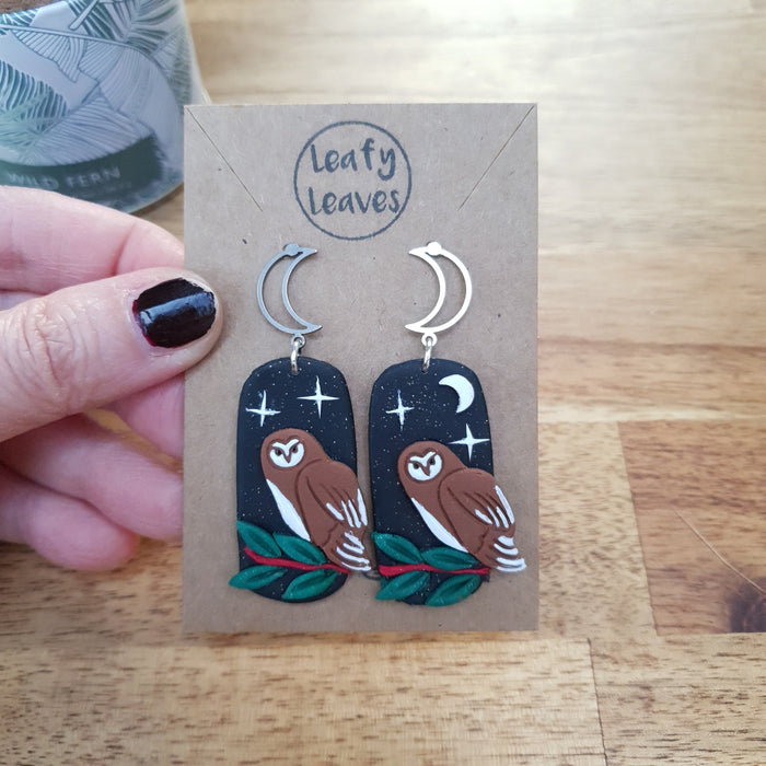 Barn owls midnight sky asymmetrical earrings / nature woodlands and forest