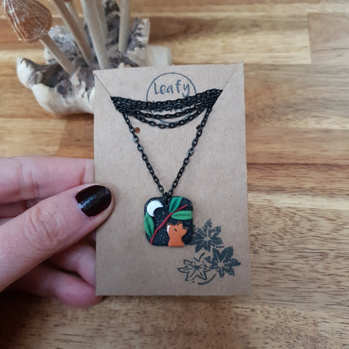 Small midnight sky necklaces with fox / nature woodlands and forest