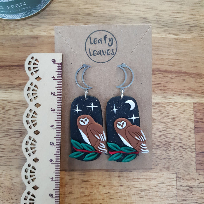 Barn owls midnight sky asymmetrical earrings / nature woodlands and forest