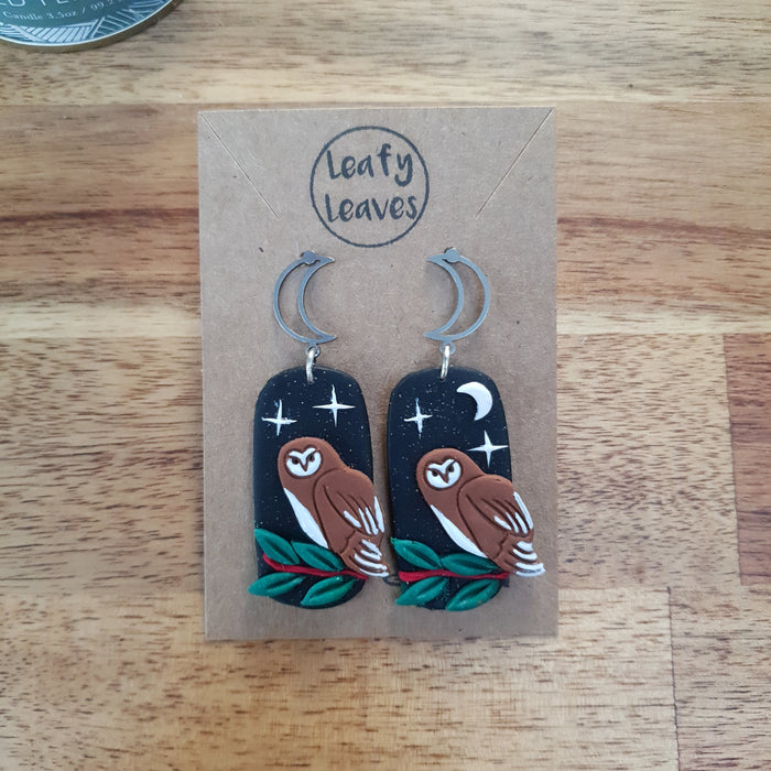 Barn owls midnight sky asymmetrical earrings / nature woodlands and forest