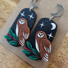 Barn owls midnight sky asymmetrical earrings / nature woodlands and forest