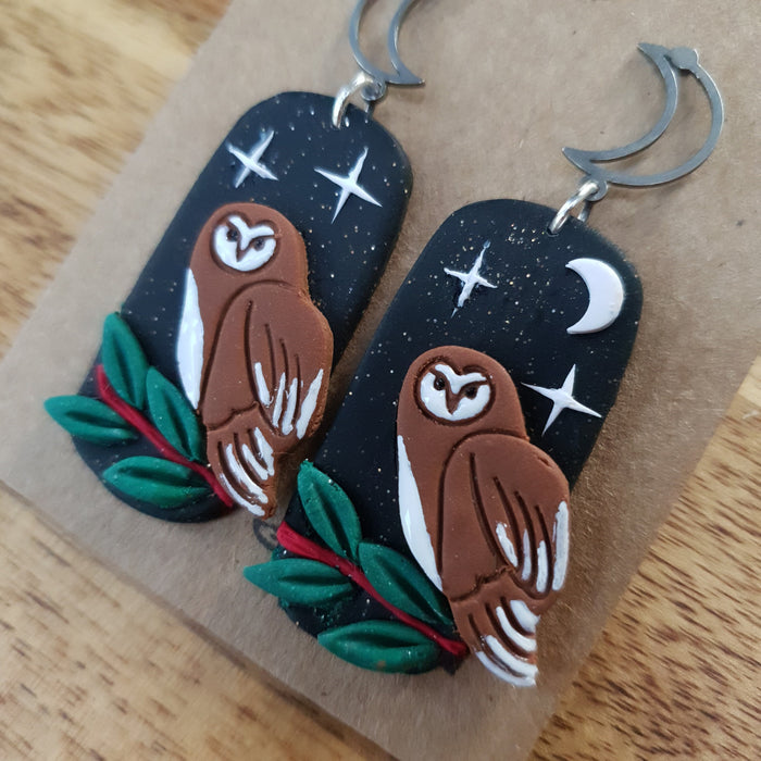 Barn owls midnight sky asymmetrical earrings / nature woodlands and forest