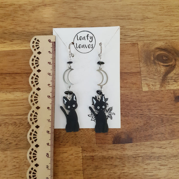 Black cats earrings with moons and obsidian stones / nature woodlands forestcore