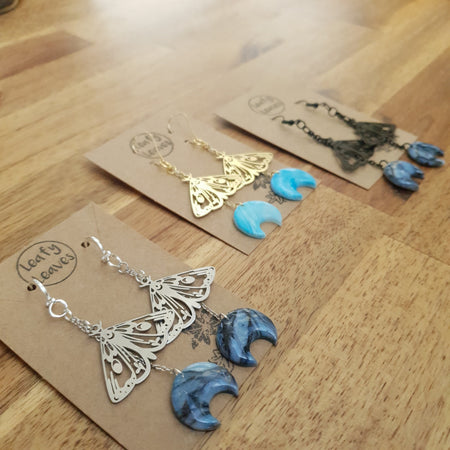 Marbled moons and moths earrings / nature woodlands forestcore