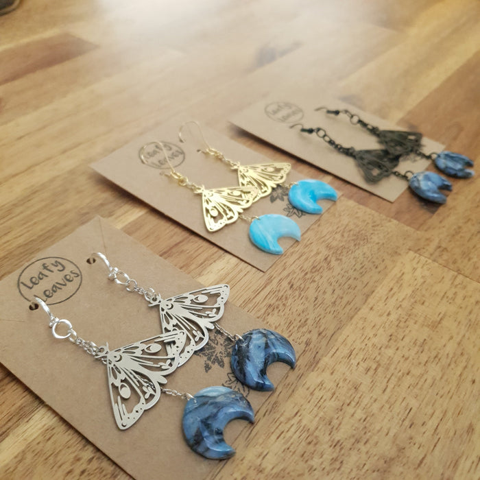 Marbled moons and moths earrings / nature woodlands forestcore