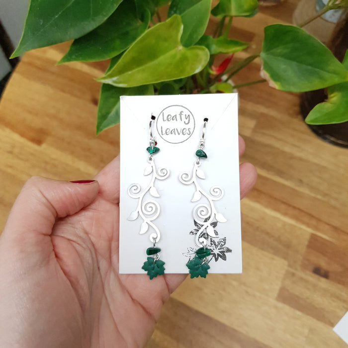 Maple leaf earrings with green or black stones / nature woodlands forestcore