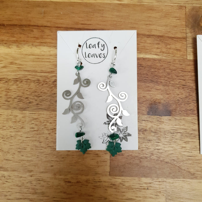 Maple leaf earrings with green or black stones / nature woodlands forestcore