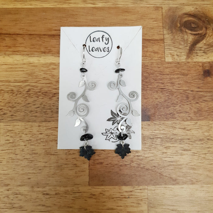Maple leaf earrings with green or black stones / nature woodlands forestcore