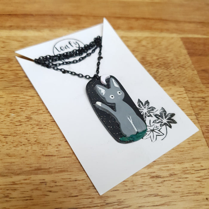 Gray cat on midnight sky necklace / handmade from polymer clay / jewelry pendant