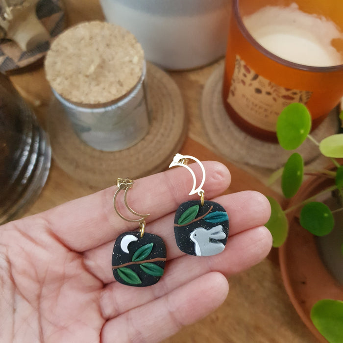 Bunny earrings with midnight sky / asymmetrical / nature woodlands and forest